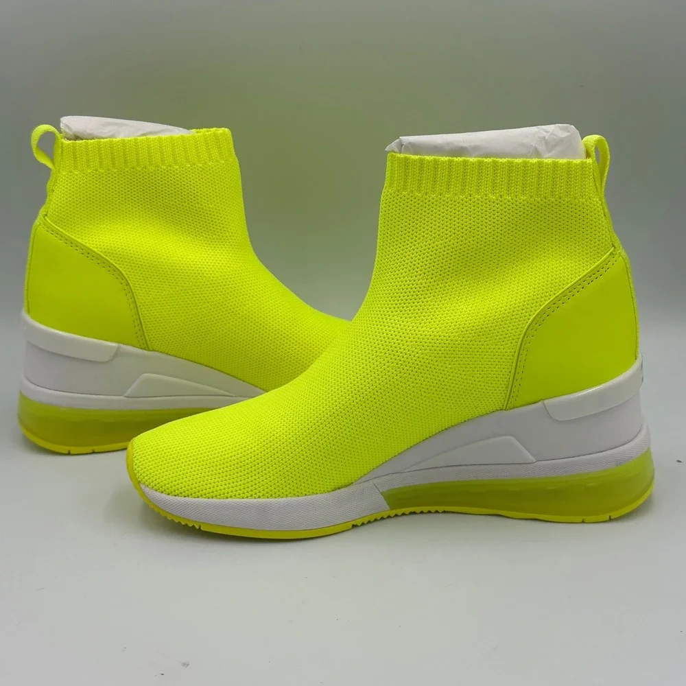 Michael Kors Womens‎ Extreme Neon Yellow Sock Sneakers Boot Wedge Heel Size 5M